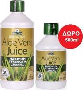 Optima Aloe Pura Aloe Vera Juice Maximum Strength 100% Φυσικός Χυμός Αλόης,1000ml & ΔΩΡΟ Aloe Vera Juice Maximum Strengt, 500 ml